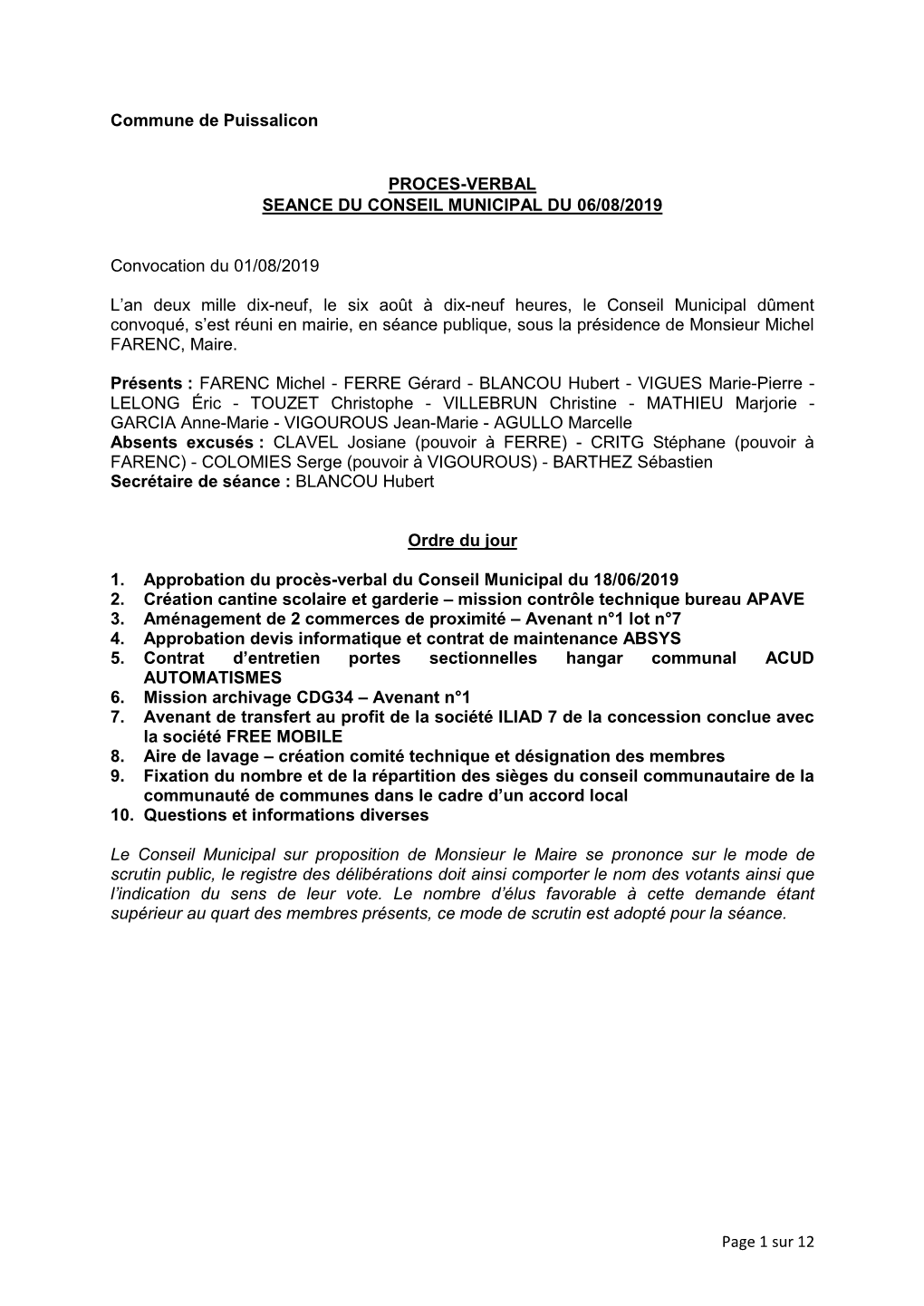 Page 1 Sur 12 Commune De Puissalicon PROCES-VERBAL