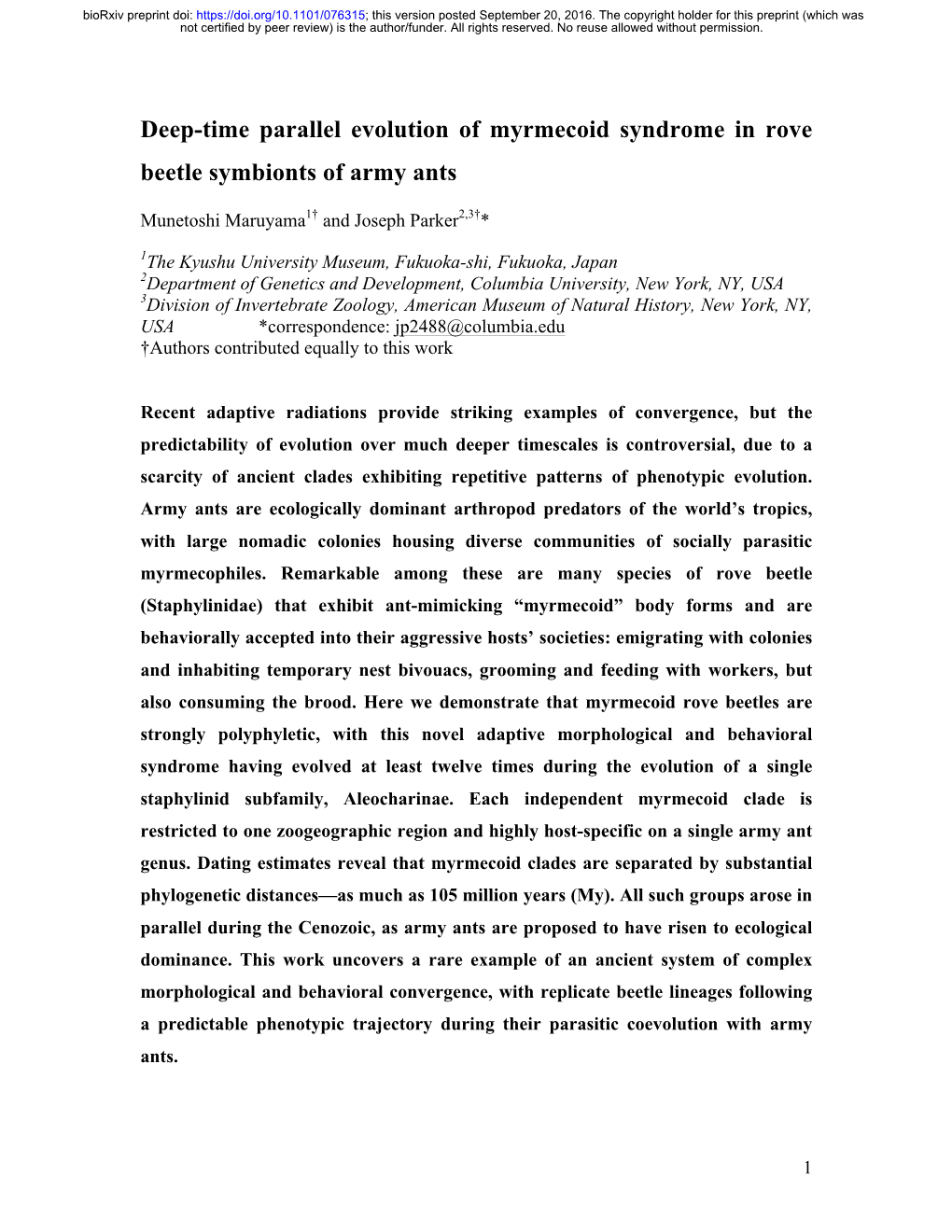 Deep-Time Parallel Evolution of Myrmecoid Syndrome in Rove Beetle Symbionts of Army Ants