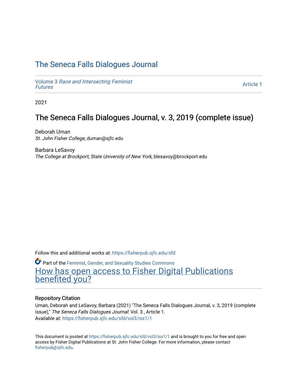 The Seneca Falls Dialogues Journal, V. 3, 2019 (Complete Issue)
