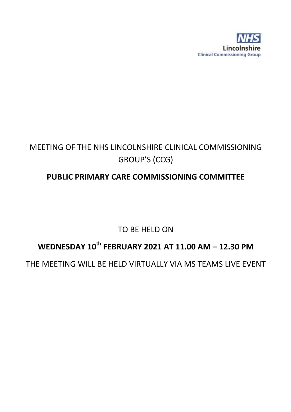 Public Primary Care Commissioning Committee to Be Held On