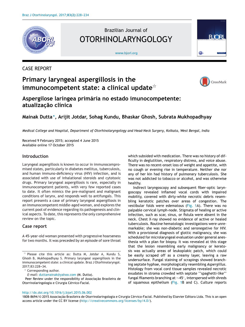 Primary Laryngeal Aspergillosis in the Immunocompetent State: a Clinical Update 229