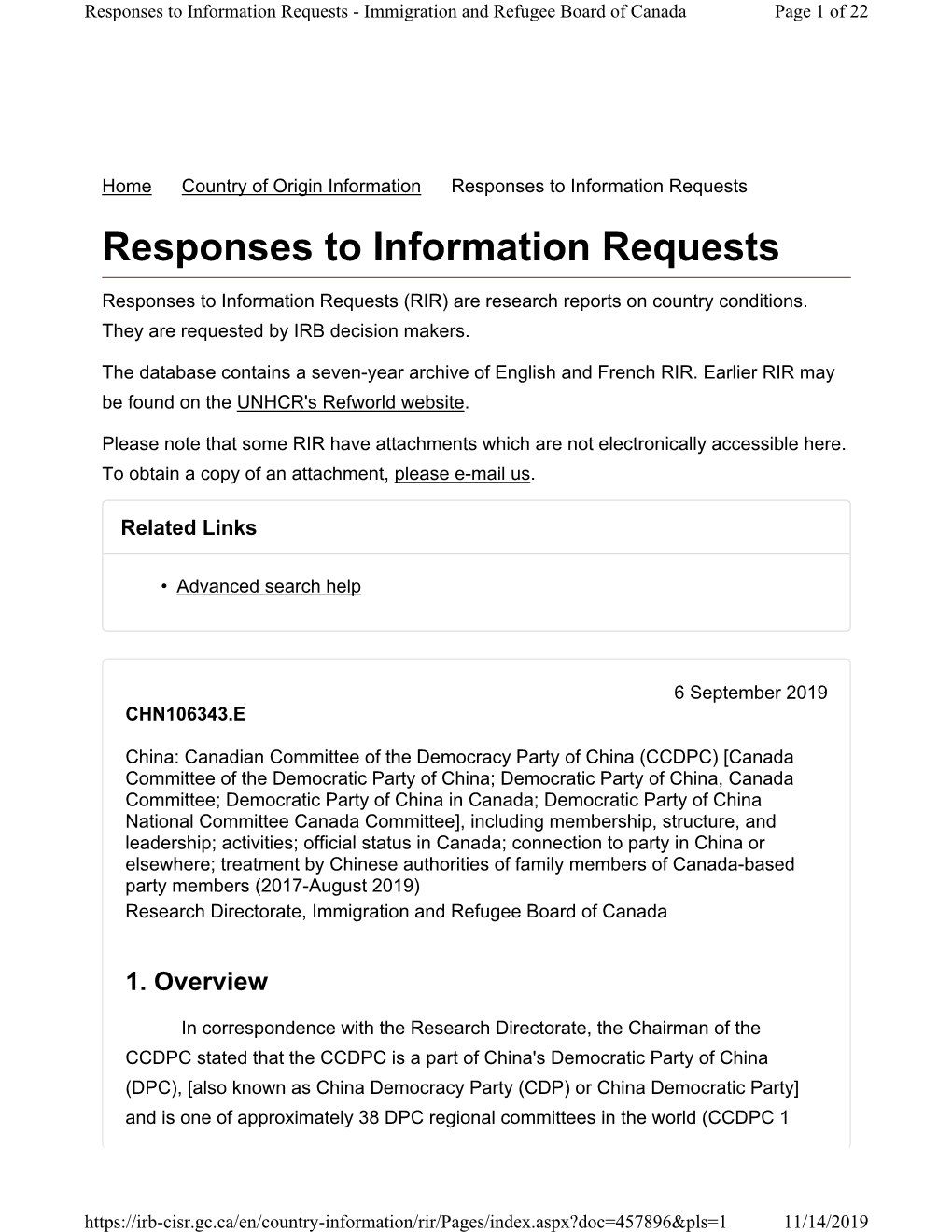 Responses to Information Requests - Immigration and Refugee Board of Canada Page 1 of 22