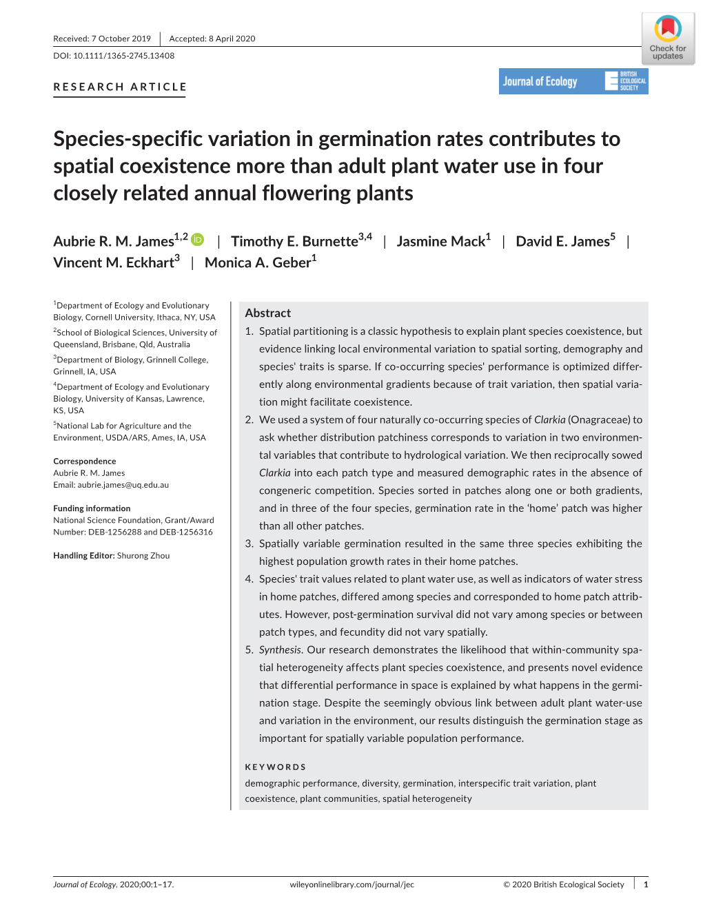 Species‐Specific Variation in Germination Rates Contributes To