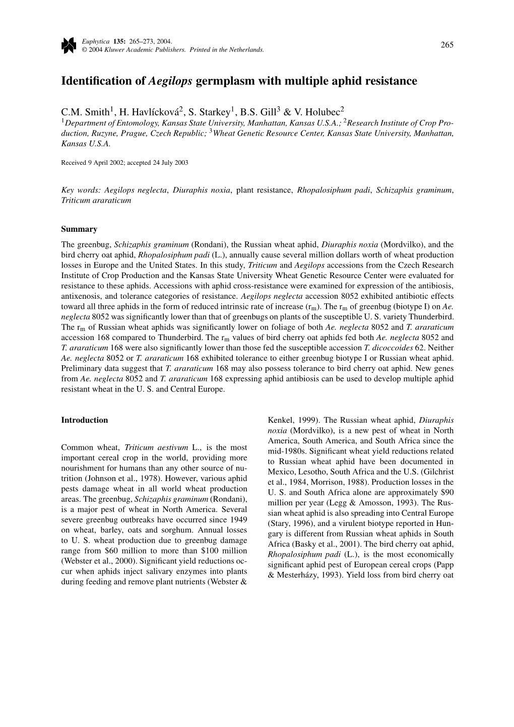 Identification of Aegilops Germplasm with Multiple Aphid Resistance