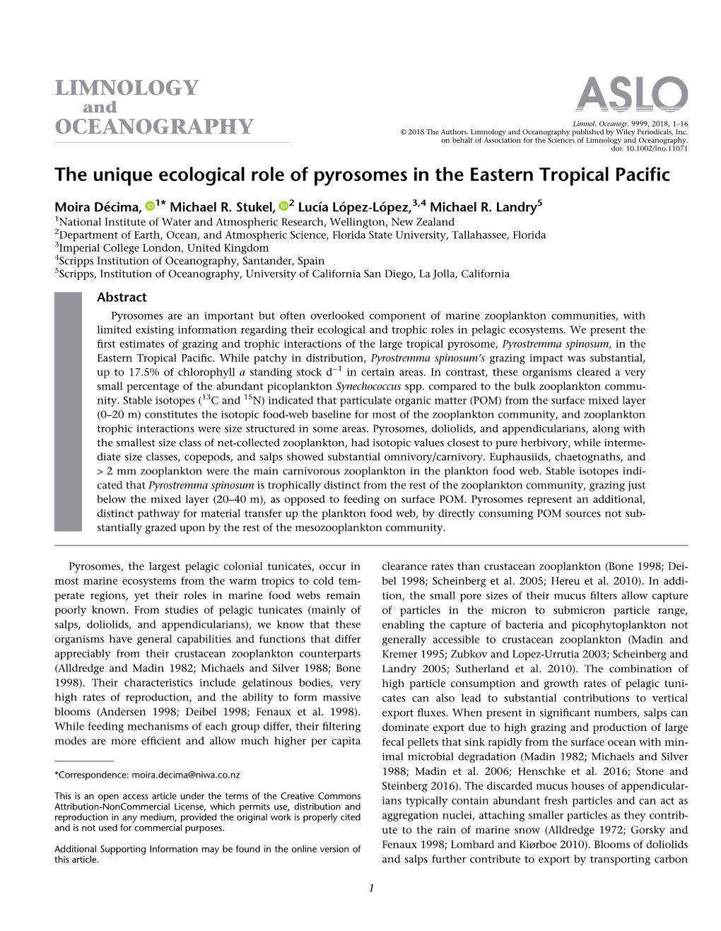 The Unique Ecological Role of Pyrosomes in the Eastern Tropical Paciﬁc