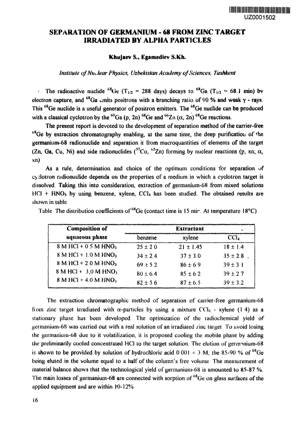 Separation of Germanium - 68 from Zinc Target Irradiated by Alpha Particles