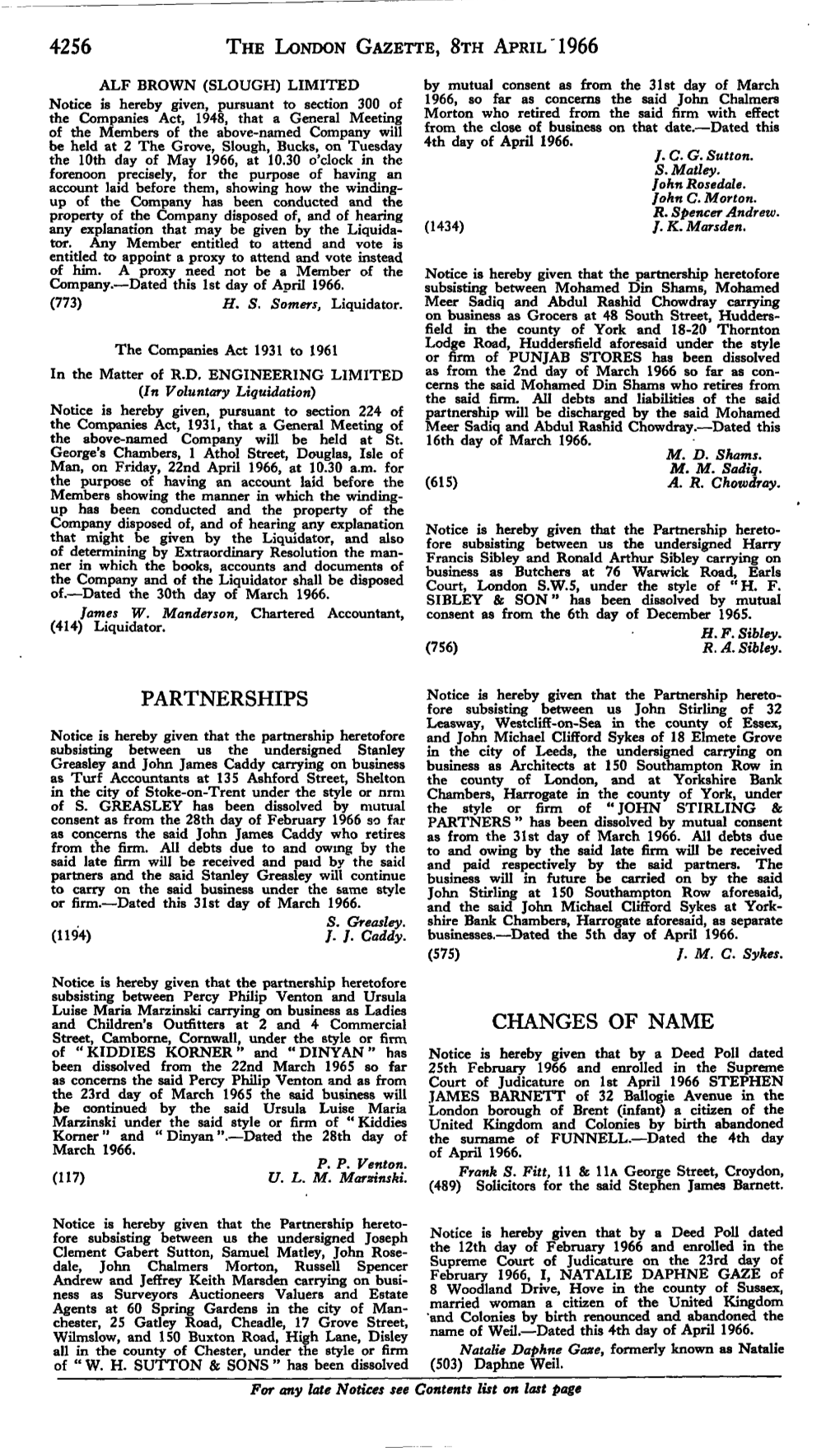 4256 the London Gazette, Sth April "1966 Partnerships