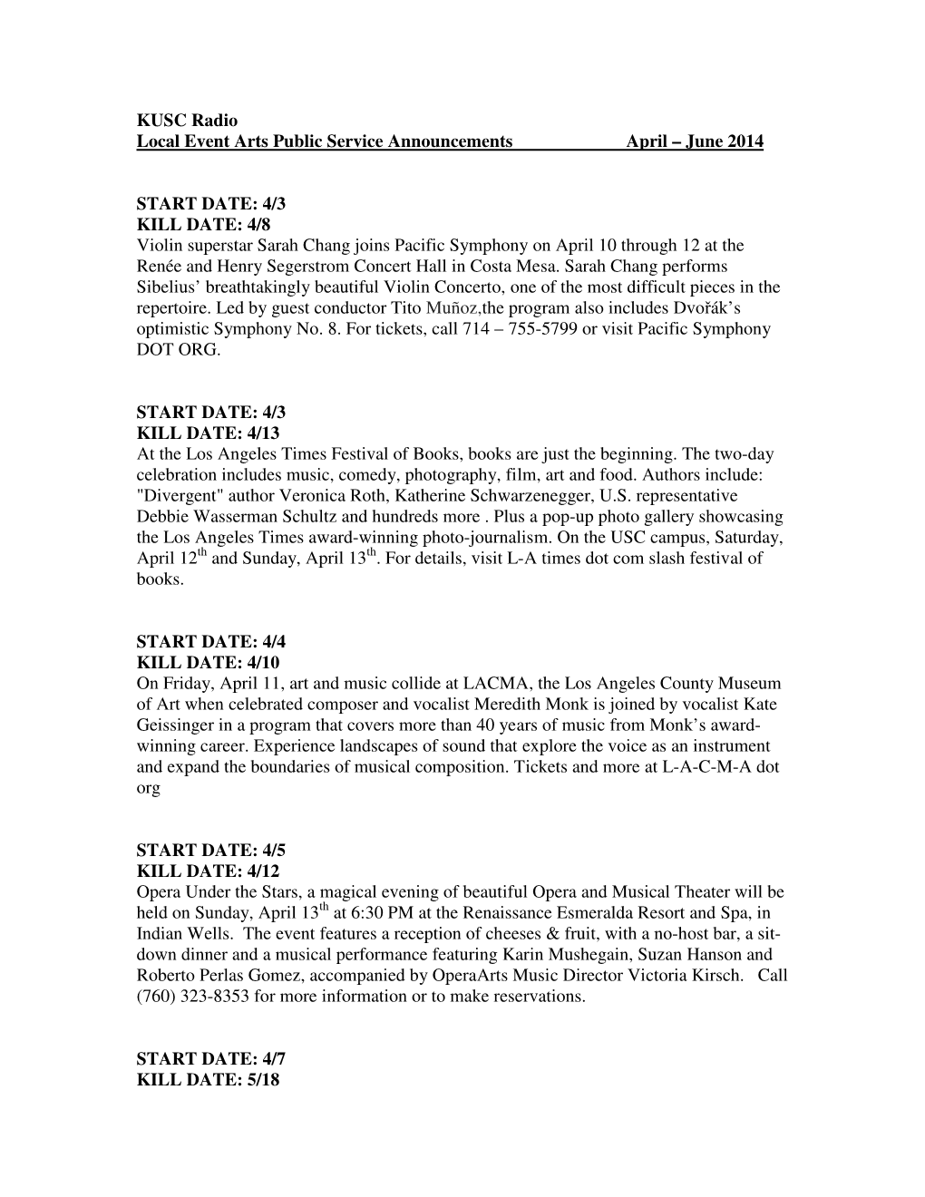 KUSC Radio Local Event Arts Public Service Announcements April – June 2014