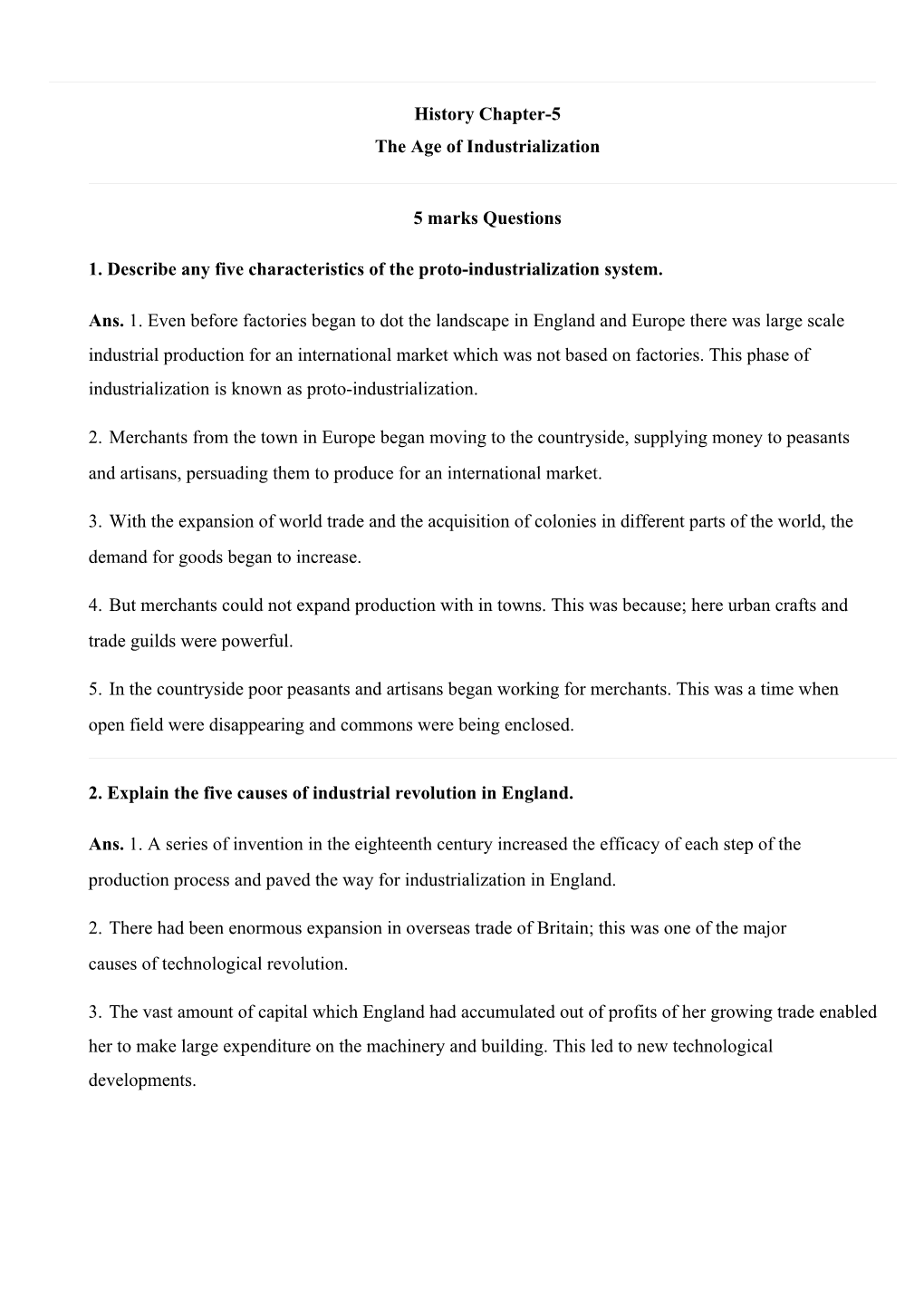 History Chapter-5 the Age of Industrialization 5 Marks Questions