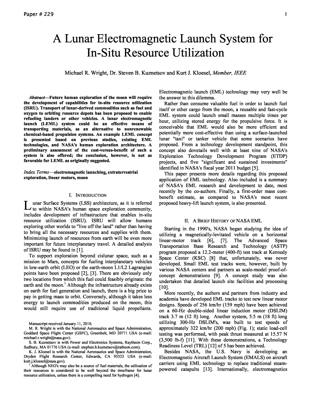 A Lunar Electromagnetic Launch System for In-Situ Resource Utilization