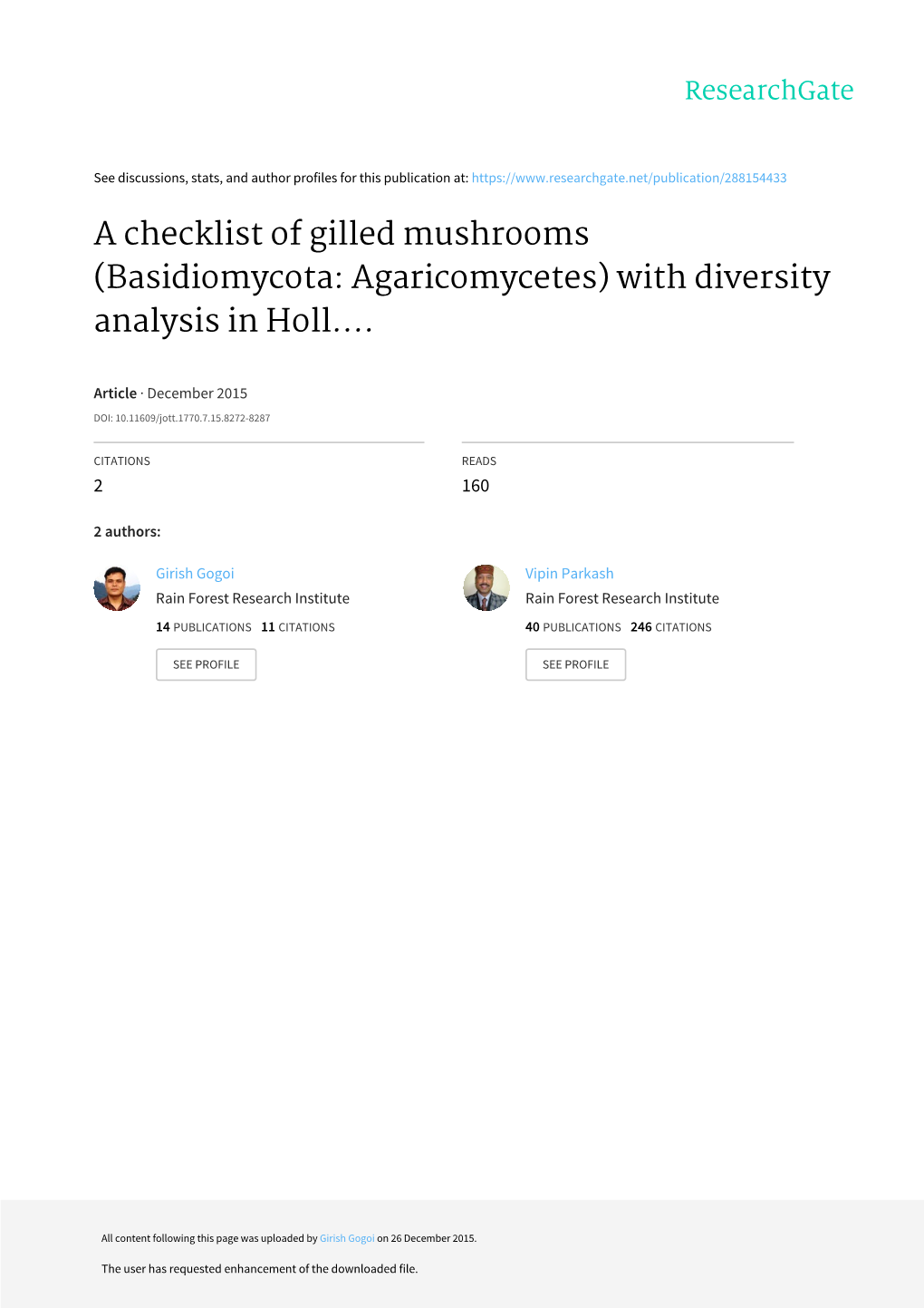 A Checklist of Gilled Mushrooms (Basidiomycota: Agaricomycetes) with Diversity Analysis in Holl