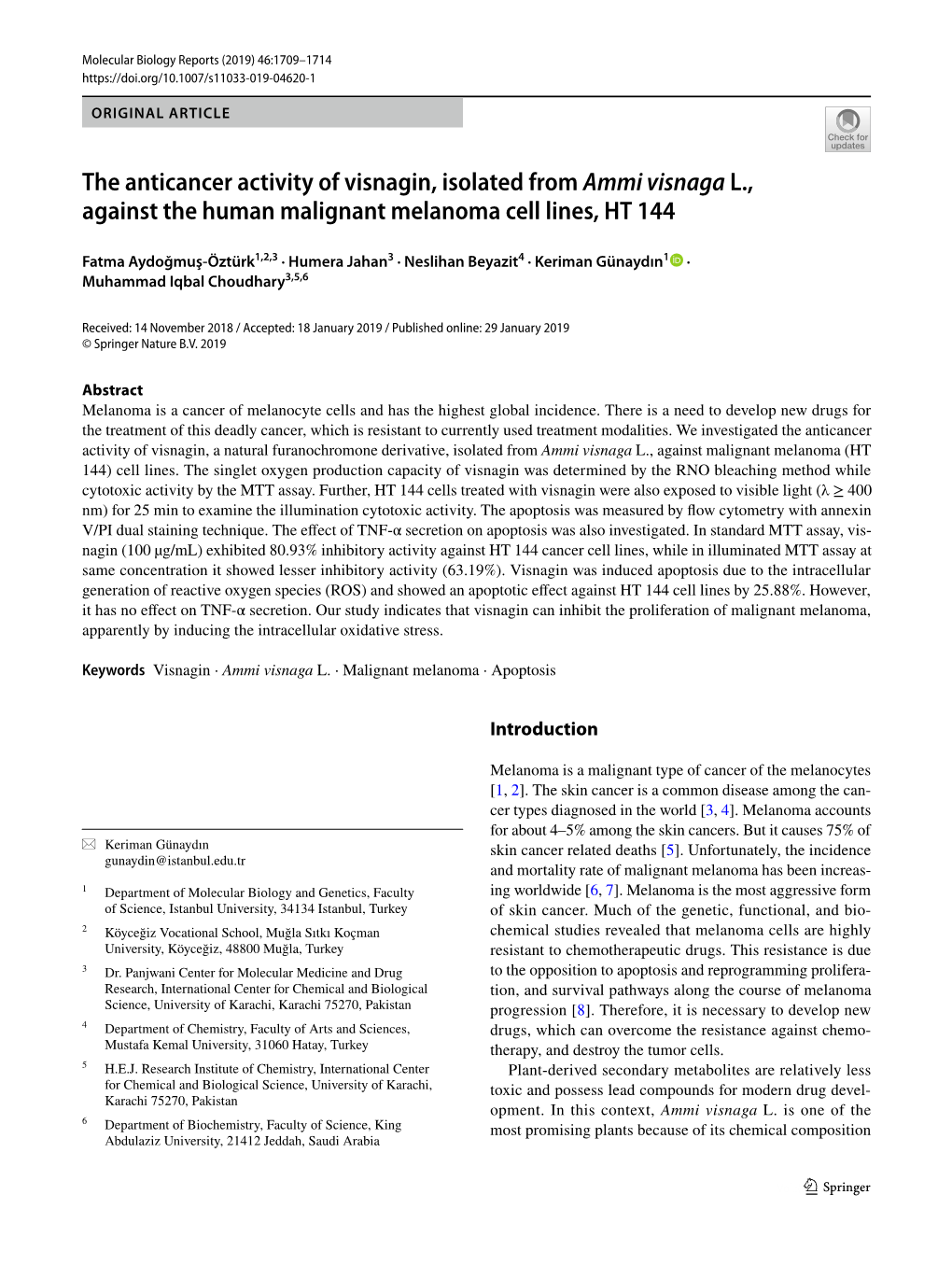 The Anticancer Activity of Visnagin, Isolated from Ammi Visnaga L., Against the Human Malignant Melanoma Cell Lines, HT 144
