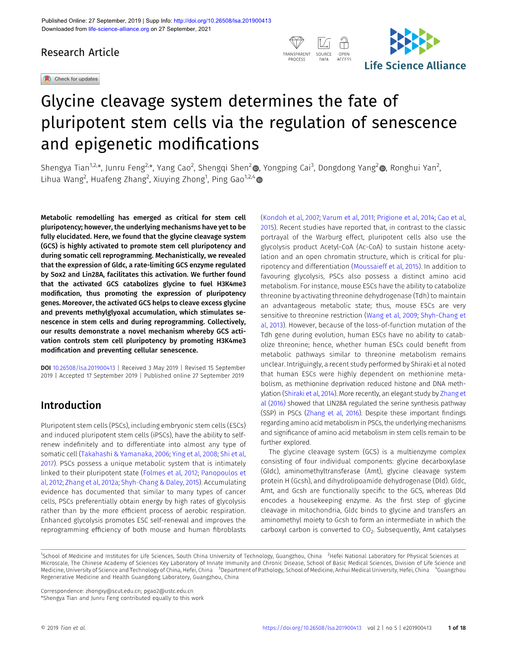 Glycine Cleavage System Determines the Fate of Pluripotent Stem Cells Via the Regulation of Senescence and Epigenetic Modificati