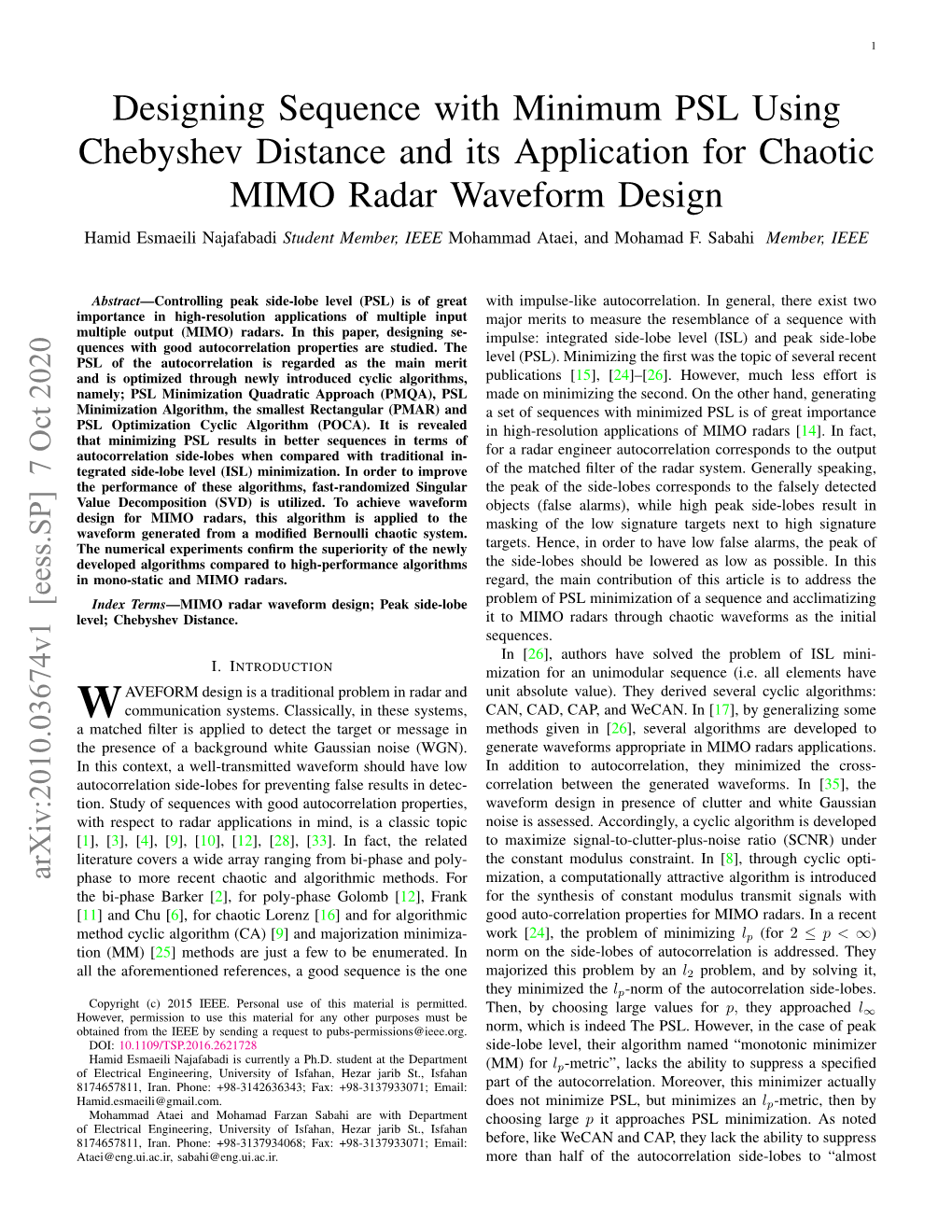 Designing Sequence with Minimum PSL Using Chebyshev Distance and Its Application for Chaotic MIMO Radar Waveform Design