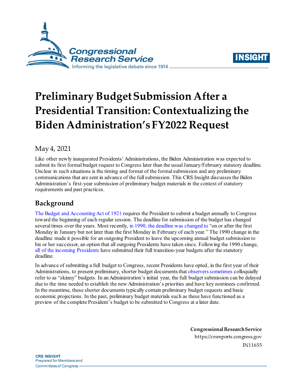 Preliminary Budget Submission After a Presidential Transition: Contextualizing the Biden Administration’S FY2022 Request