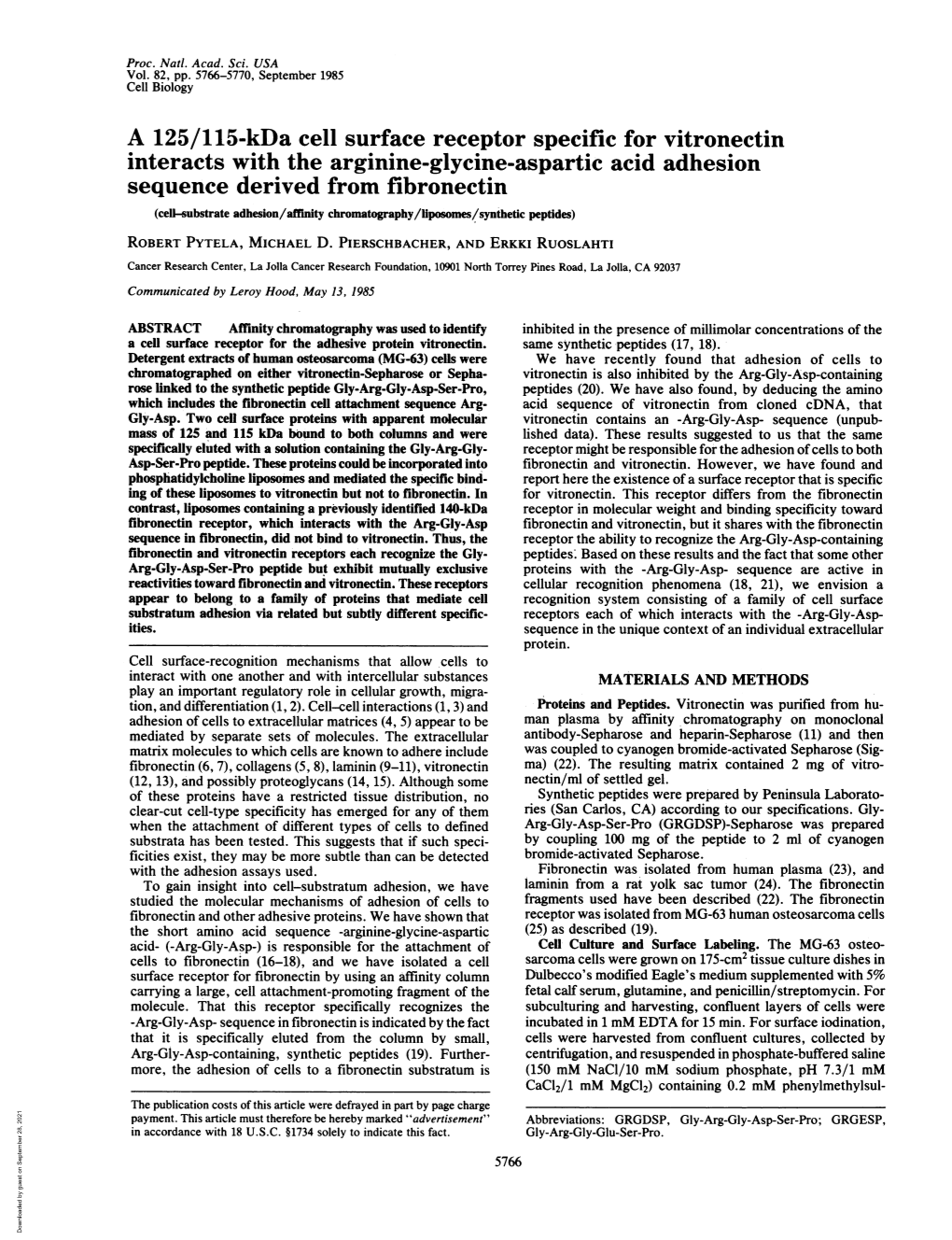 A 125/115-Kda Cell Surface Receptor Specific for Vitronectin Interacts With