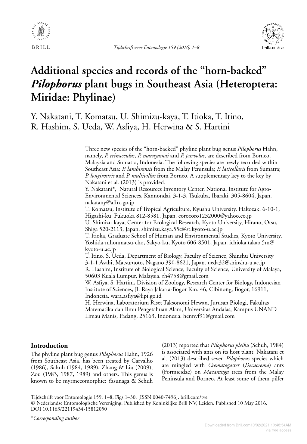 Additional Species and Records of the “Horn-Backed” Pilophorus Plant Bugs in Southeast Asia (Heteroptera: Miridae: Phylinae) Y