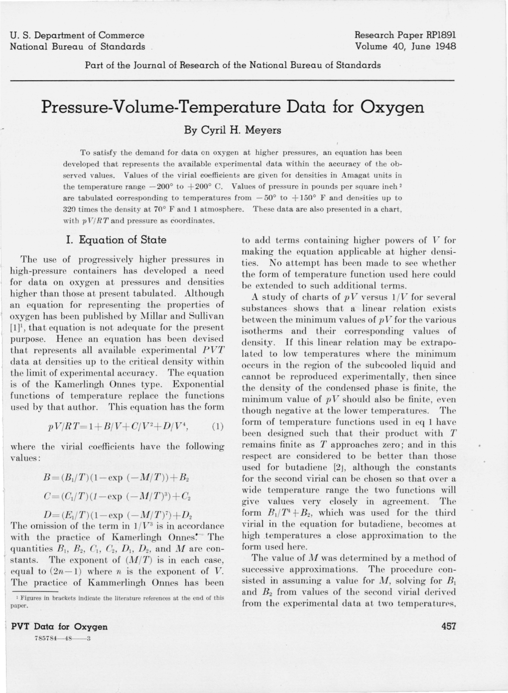 Pressure-Volume-Temperature Data for Oxygen by Cyril H