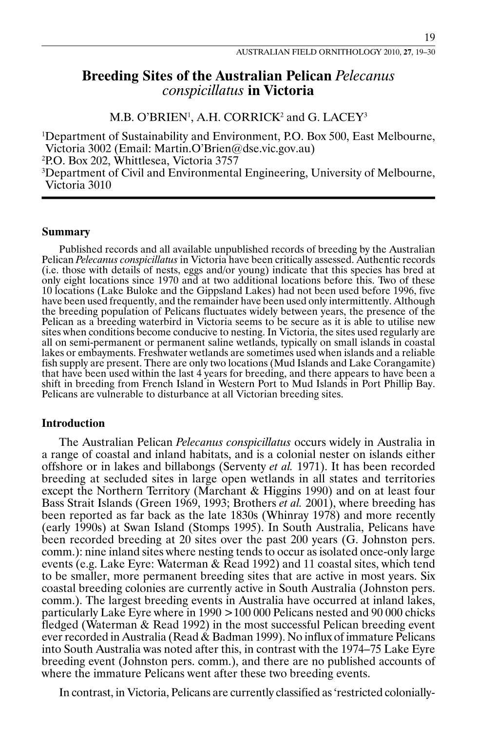 Breeding Sites of the Australian Pelican Pelecanus Conspicillatus in Victoria