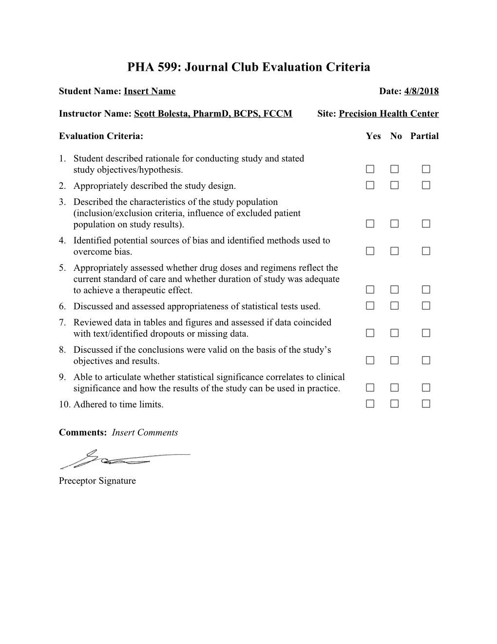 PHA 510: Journal Club Evaluation Criteria