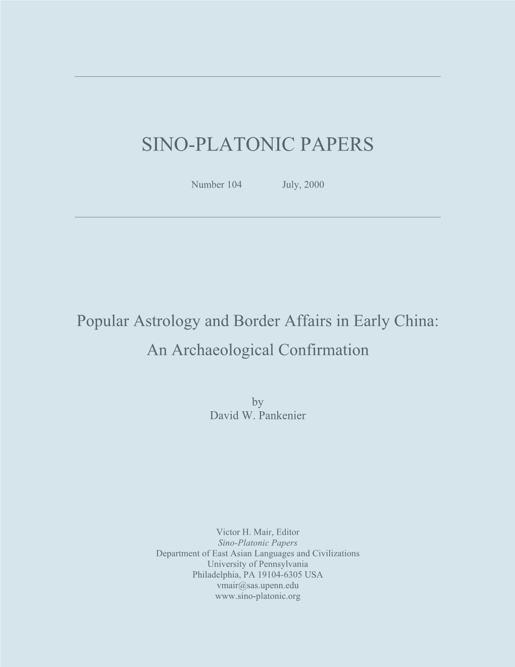Popular Astrology and Border Affairs in Early China: an Archaeological Confirmation