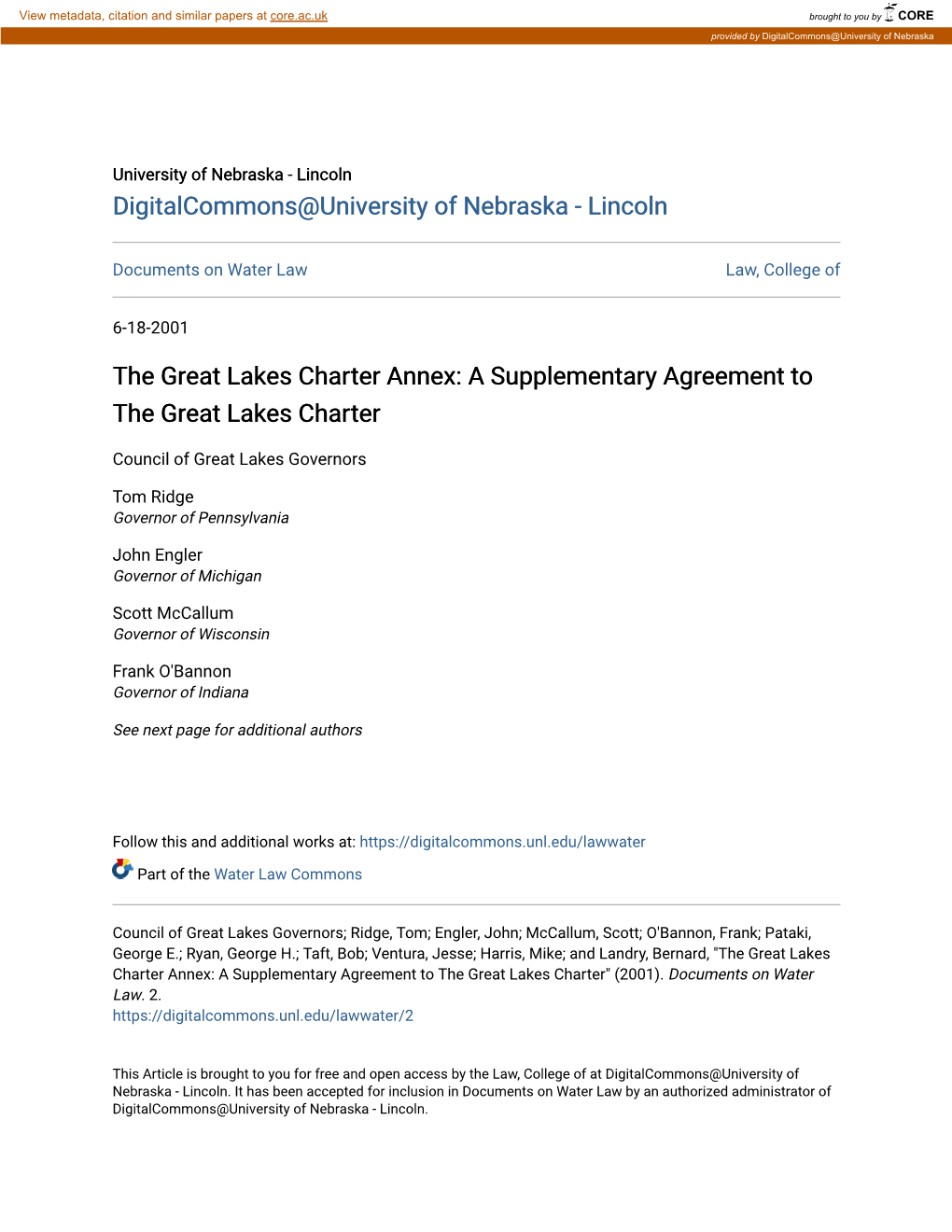 The Great Lakes Charter Annex: a Supplementary Agreement to the Great Lakes Charter