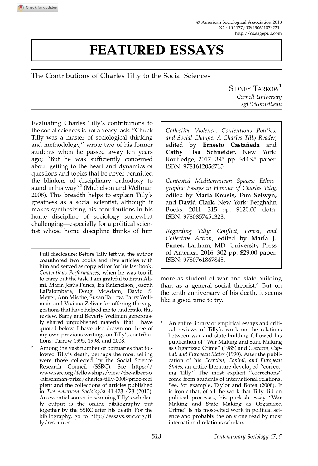 The Contributions of Charles Tilly to the Social Sciences 1 SIDNEY TARROW Cornell University Sgt2@Cornell.Edu