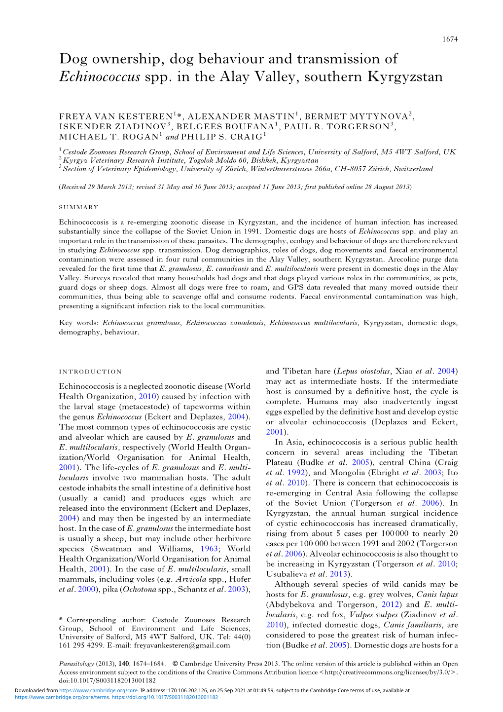 Dog Ownership, Dog Behaviour and Transmission of Echinococcus Spp