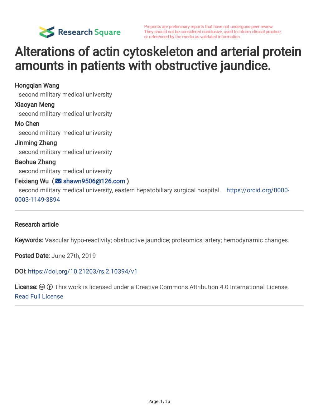 Alterations of Actin Cytoskeleton and Arterial Protein Amounts in Patients with Obstructive Jaundice