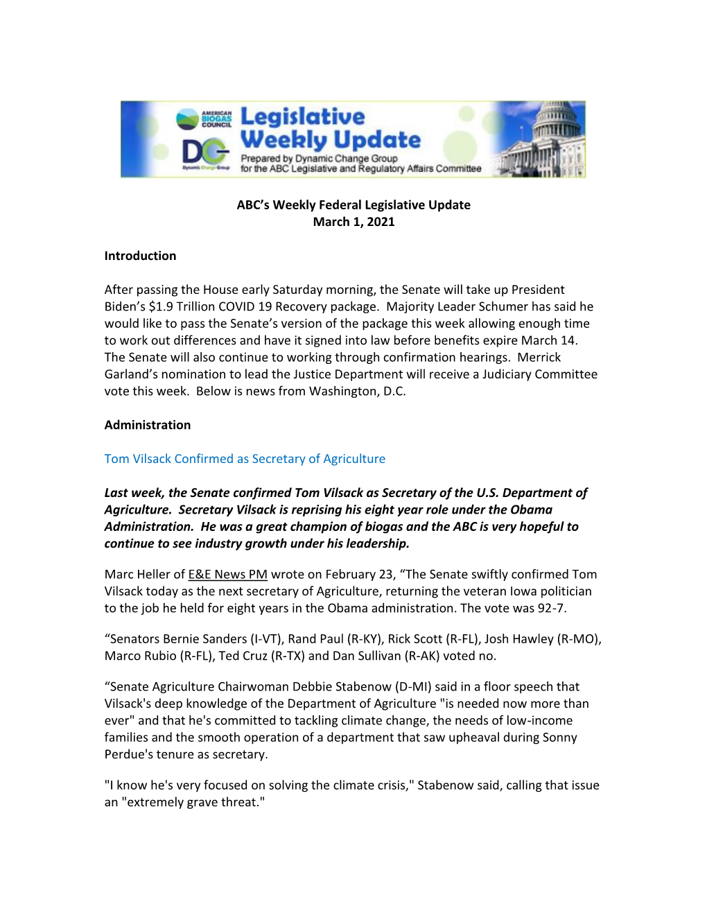 ABC's Weekly Federal Legislative Update March 1, 2021 Introduction