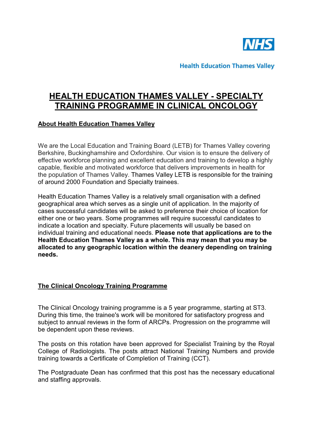 Health Education Thames Valley - Specialty Training Programme in Clinical Oncology