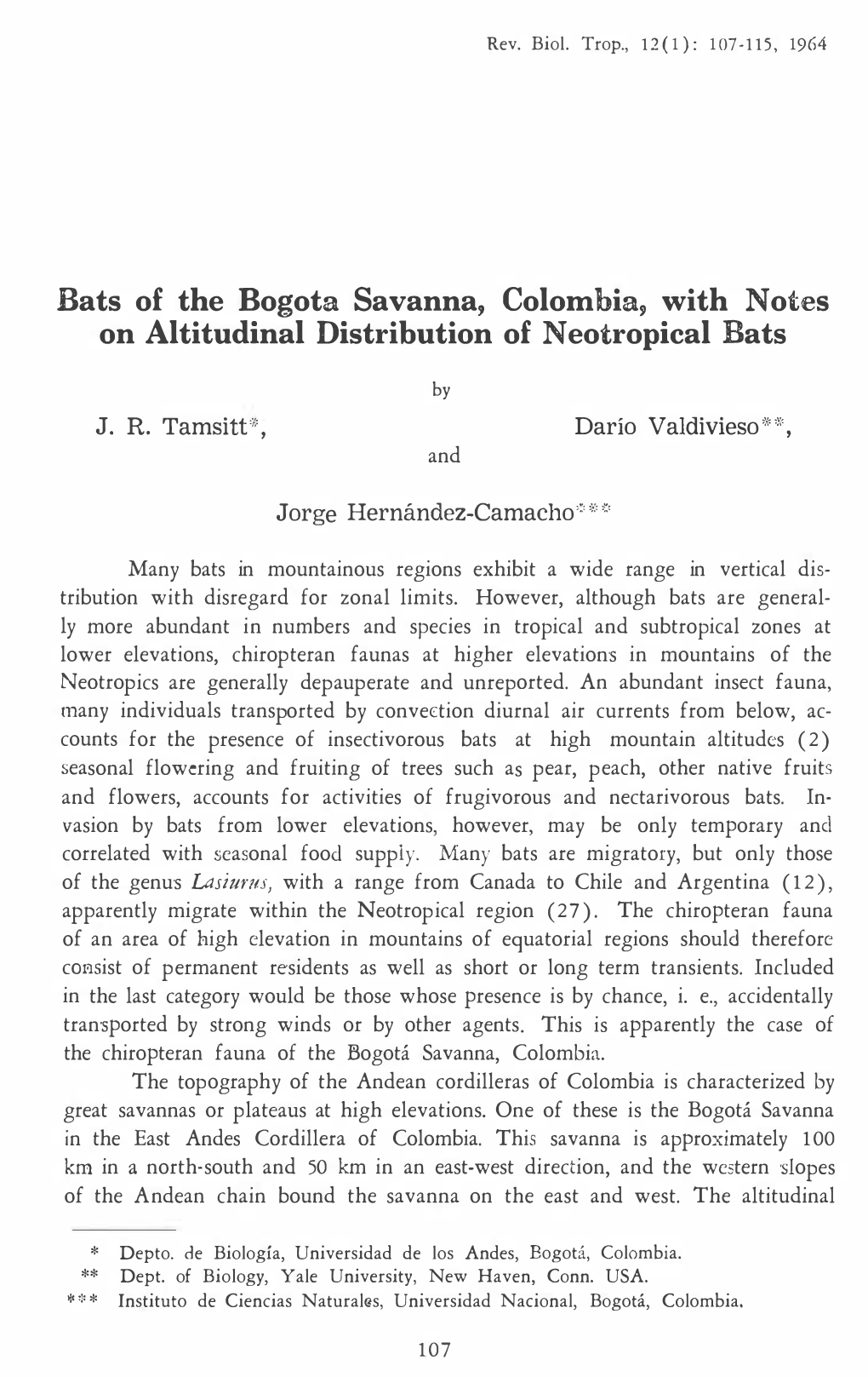 Bats of the Bogota Savanna, Colombia, with Notes on Altitudinal Distribution of N Eotropical Bats