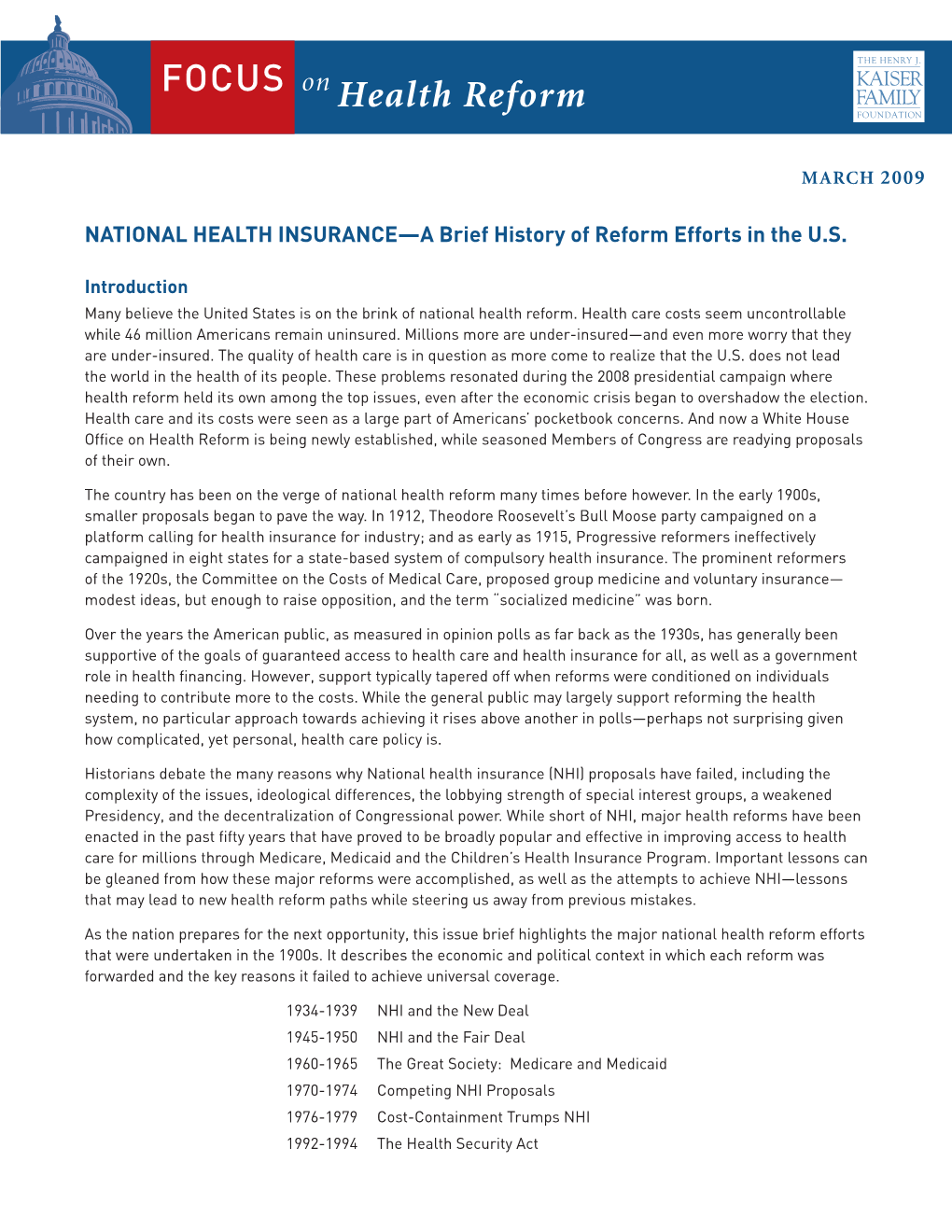 National Health Insurance-A Brief History of Reform Efforts in the US