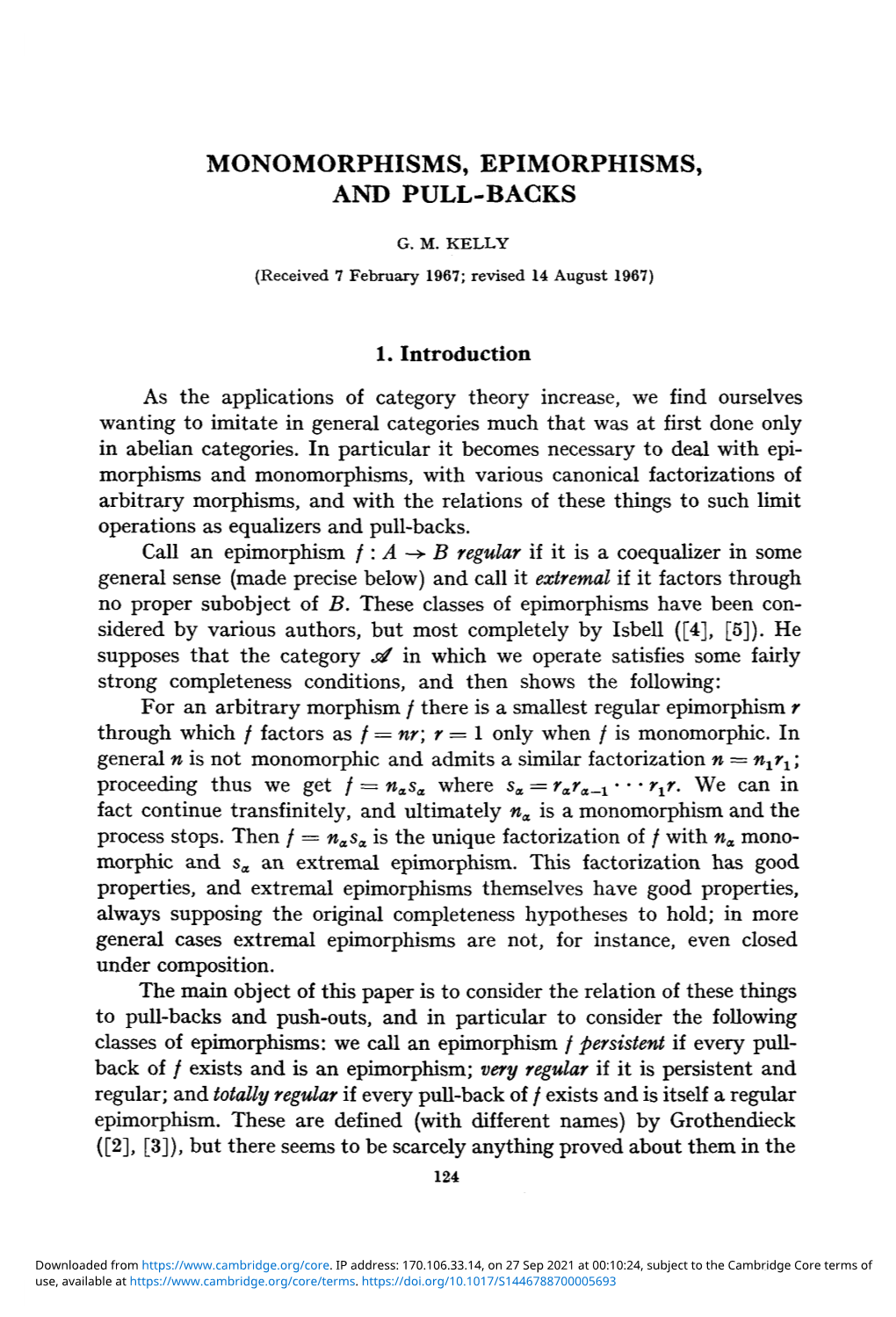 Monomorphisms, Epimorphisms, and Pull-Backs