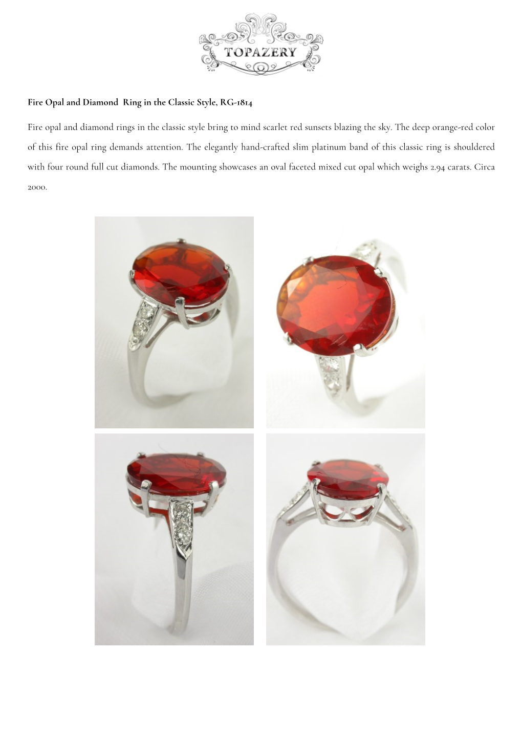 Fire Opal and Diamond Ring in the Classic Style, RG-1814 Fire Opal