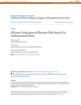 Efficient Verification of Shortest Path Search Via Authenticated Hints Man Lung YIU Hong Kong Polytechnic University