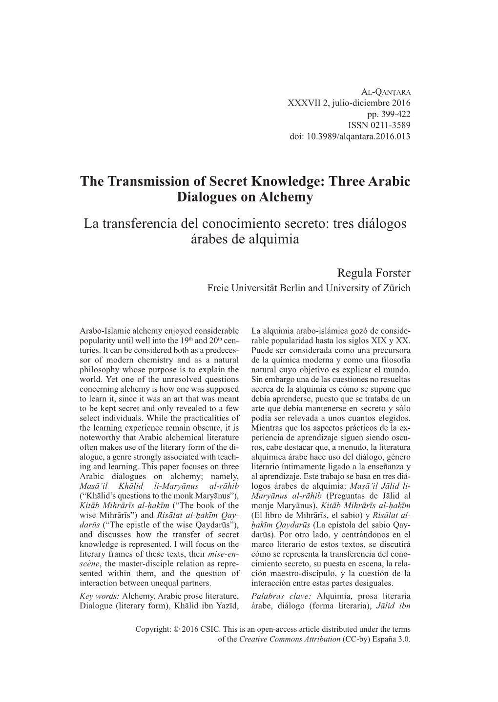 The Transmission of Secret Knowledge: Three Arabic Dialogues on Alchemy La Transferencia Del Conocimiento Secreto: Tres Diálogos Árabes De Alquimia