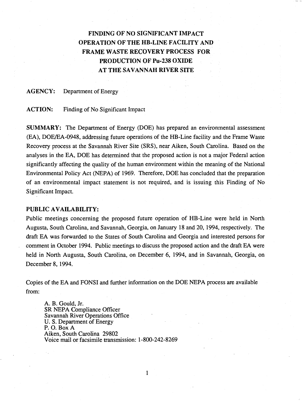FINDING of NO SIGNIFICANT IMPACT OPERATION of the HB-LINE FACILITY and FRAME WASTE RECOVERY PROCESS for PRODUCTION of Pu-238 OXIDE at the SAVANNAH RIVER SITE
