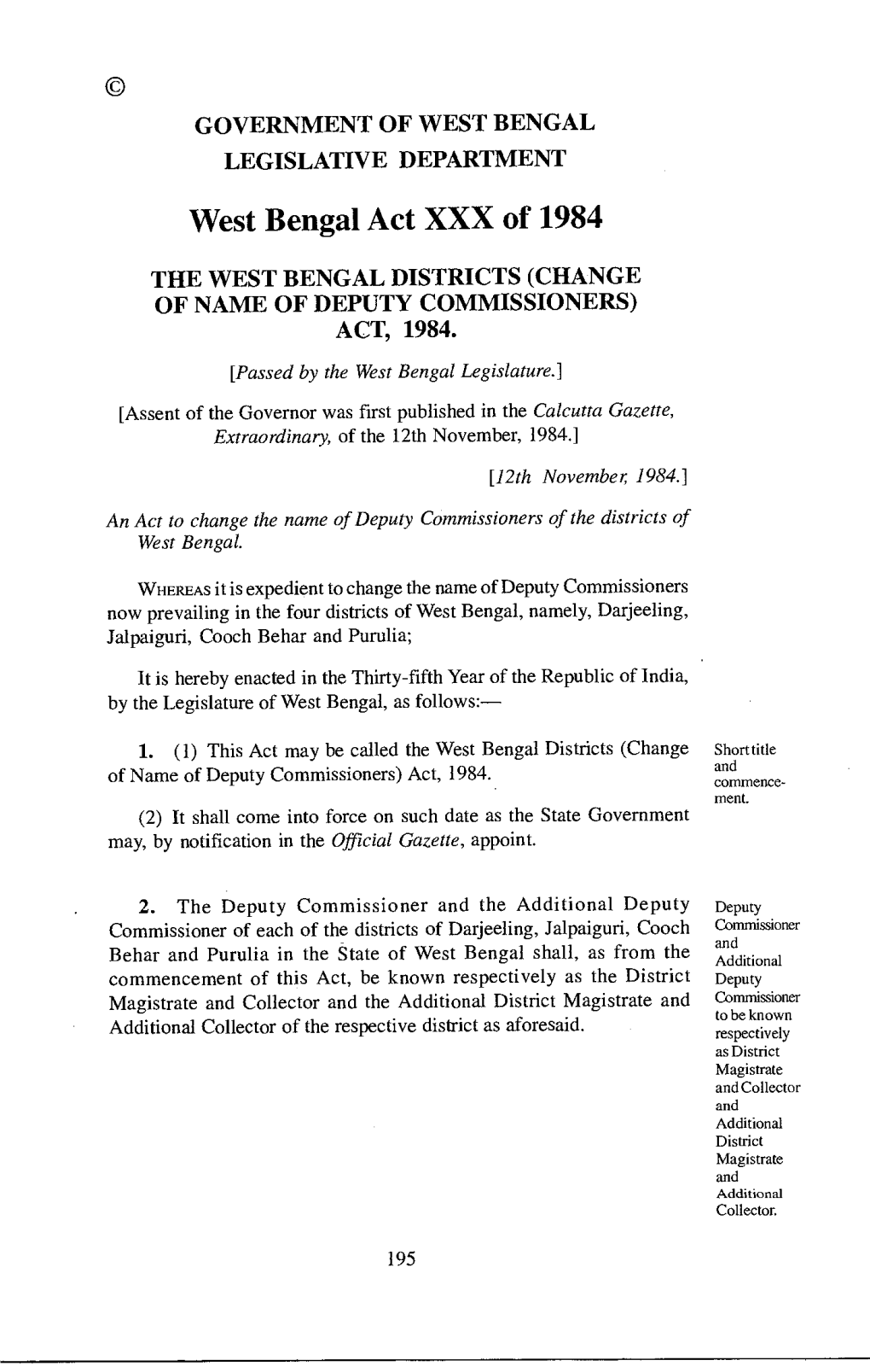 West Bengal Act XXX of 1984