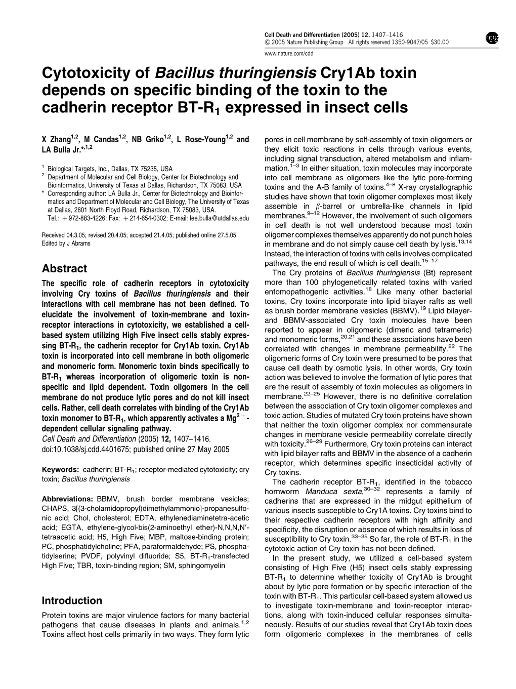 Cytotoxicity of Bacillus Thuringiensis Cry1ab Toxin Depends on Specific