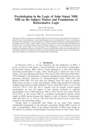 Psychologism in the Logic of John Stuart Mill: Mill on the Subject Matter and Foundations of Ratiocinative Logic