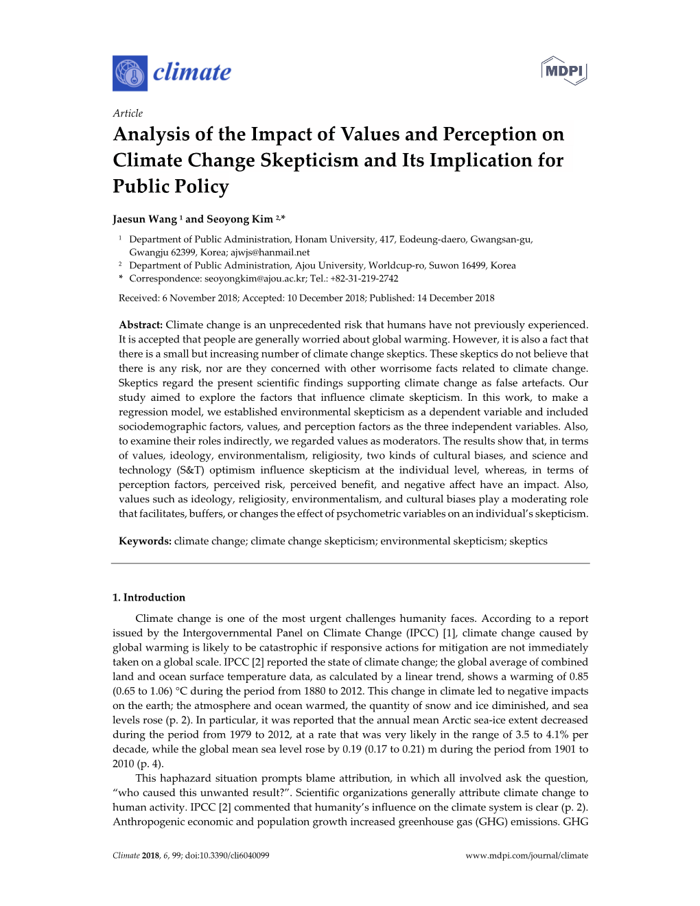 Analysis of the Impact of Values and Perception on Climate Change Skepticism and Its Implication for Public Policy