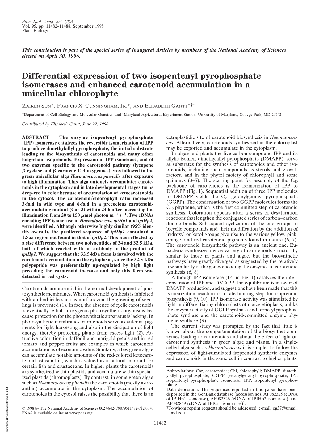 Differential Expression of Two Isopentenyl Pyrophosphate Isomerases and Enhanced Carotenoid Accumulation in a Unicellular Chlorophyte