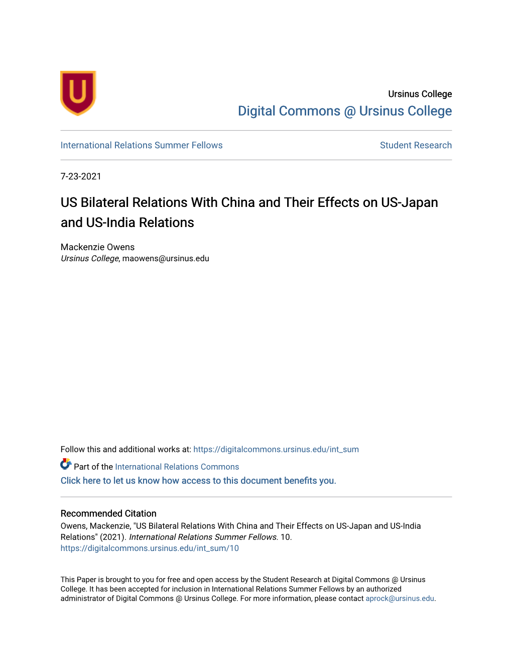 US Bilateral Relations with China and Their Effects on US-Japan and US-India Relations