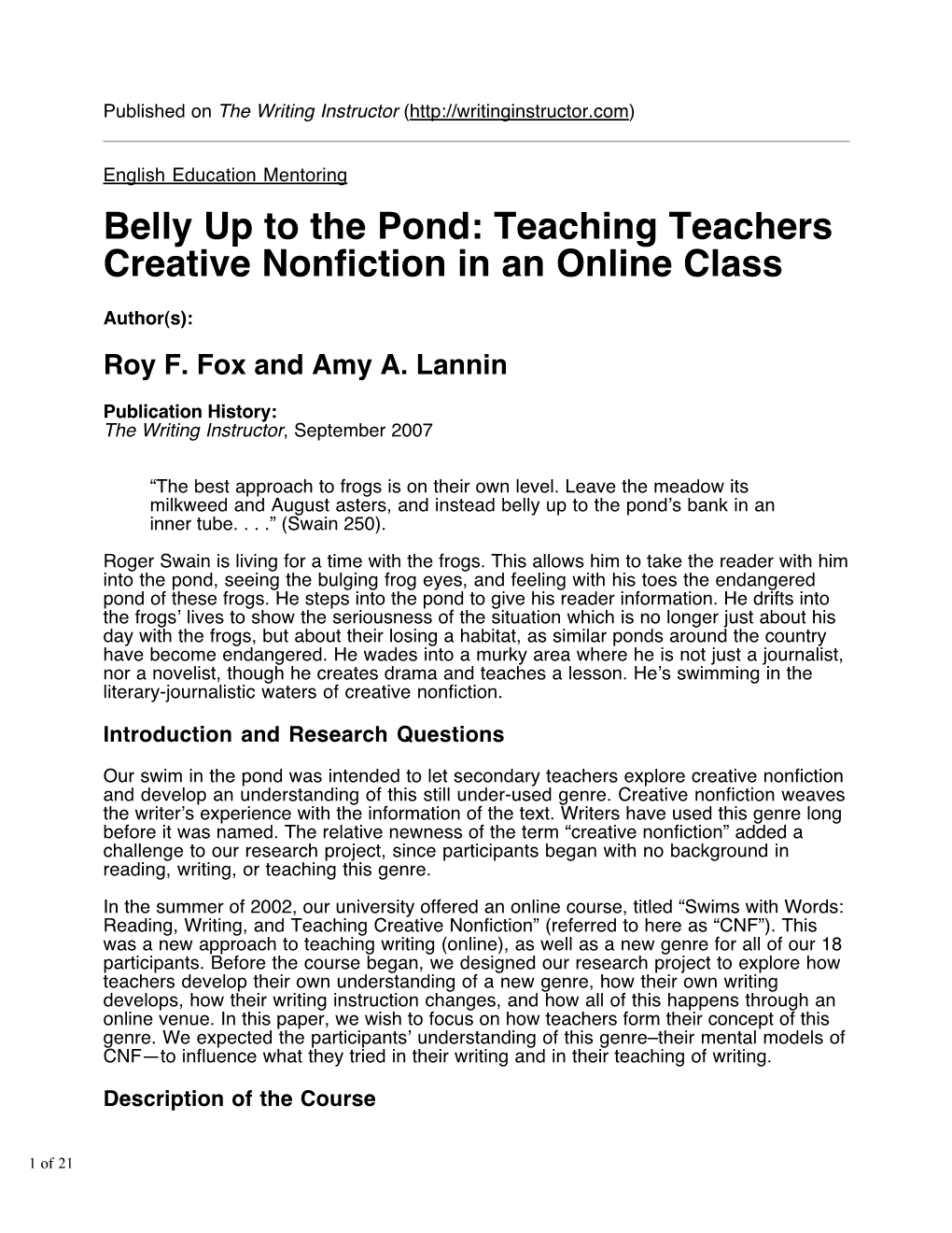 Belly up to the Pond: Teaching Teachers Creative Nonfiction in an Online Class