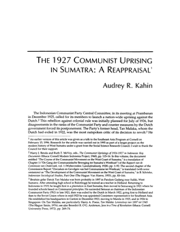 The 1927 Communist Uprising in Sumatra: a Reappraisal'