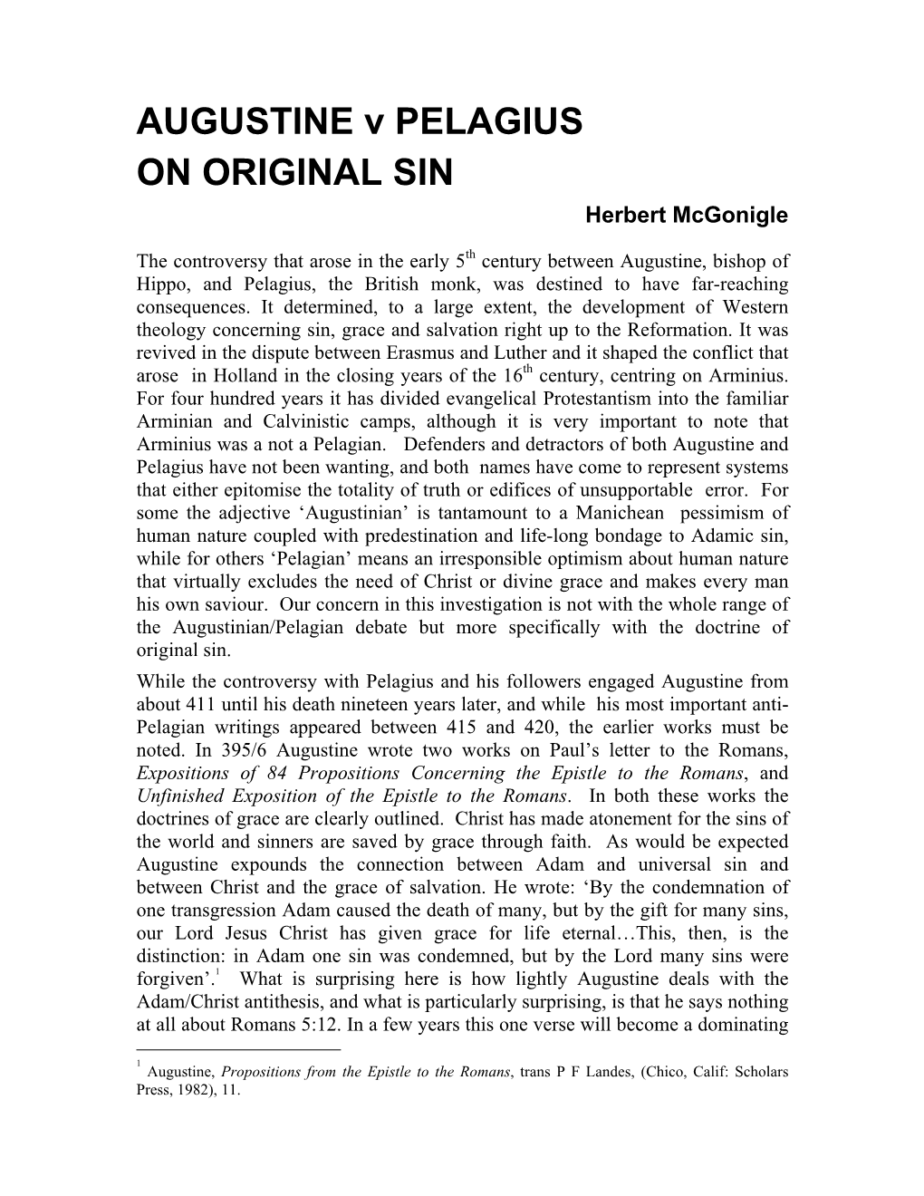 AUGUSTINE V PELAGIUS on ORIGINAL SIN Herbert Mcgonigle