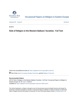 Role of Religion in the Western Balkansâ•Ž Societies
