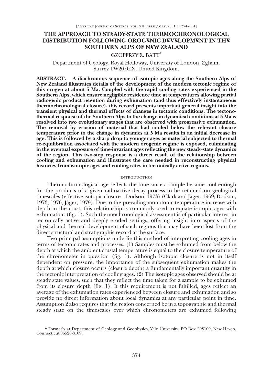 The Approach to Steady-State Thermochronological Distribution Following Orogenic Development in the Southern Alps of New Zealand Geoffrey E