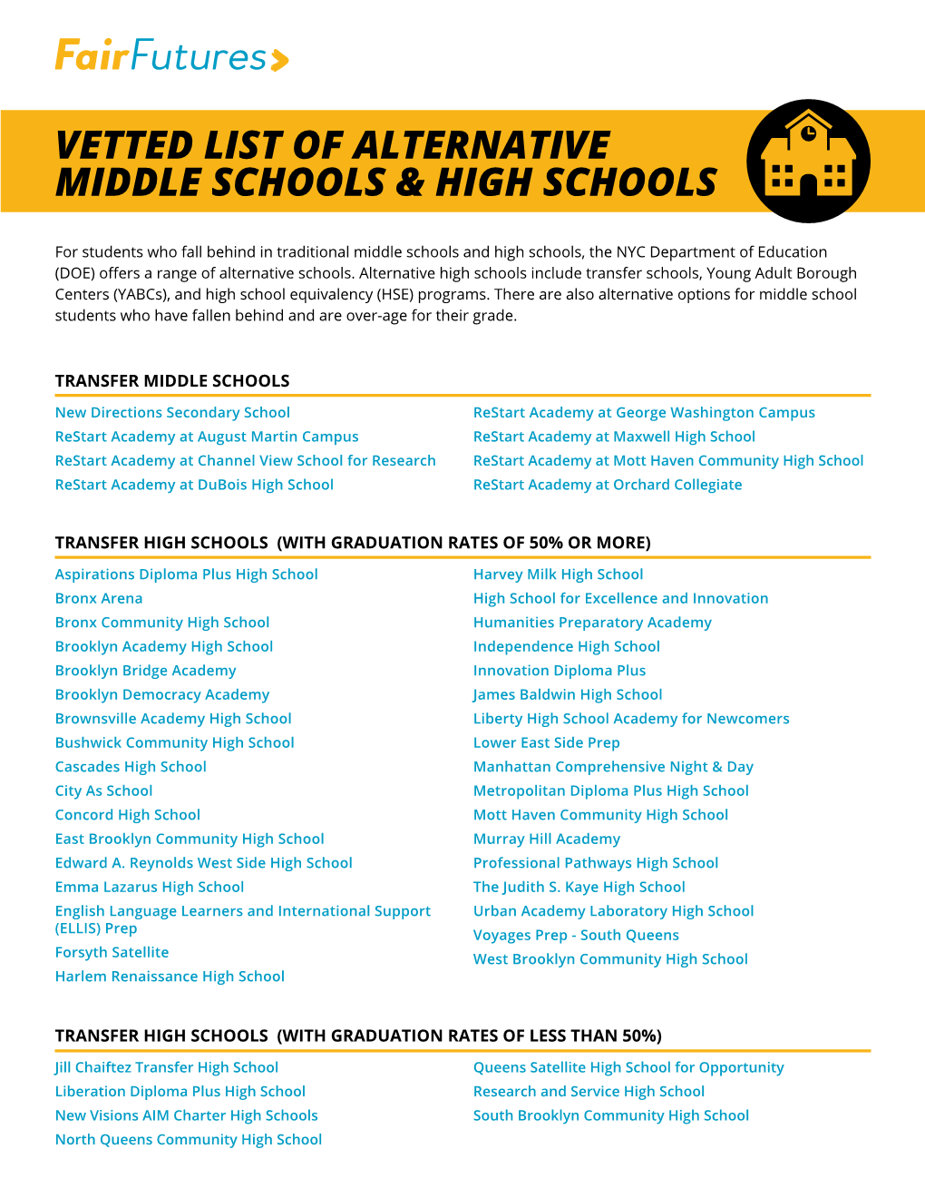 Vetted List of Alternative Middle Schools & High